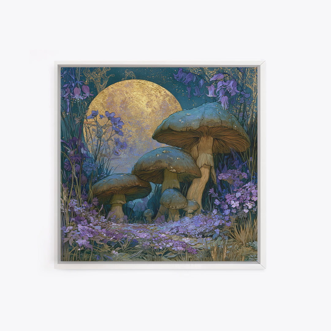 Fairy Ring of Mushrooms and Wildflowers Framed Canvas Print, Fairy Tale Art, Wall Art, Living Room Decor, Watercolor Art, FTA-1x1-93