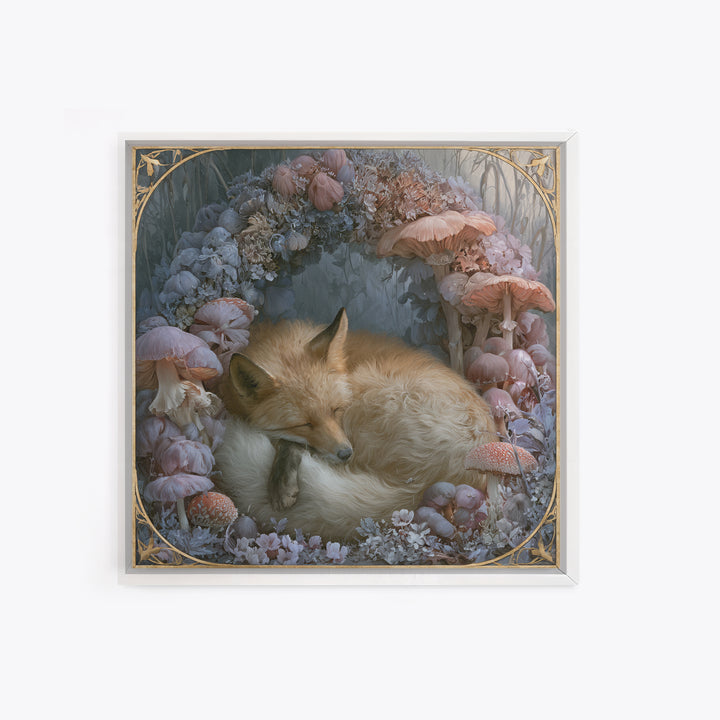 Sleeping Fox Beside a Magical Mushroom Ring Canvas Print, Fairy Tale Art, Painting, Living Room Decor, Fine Art, Storybook, FTA-1x1-99