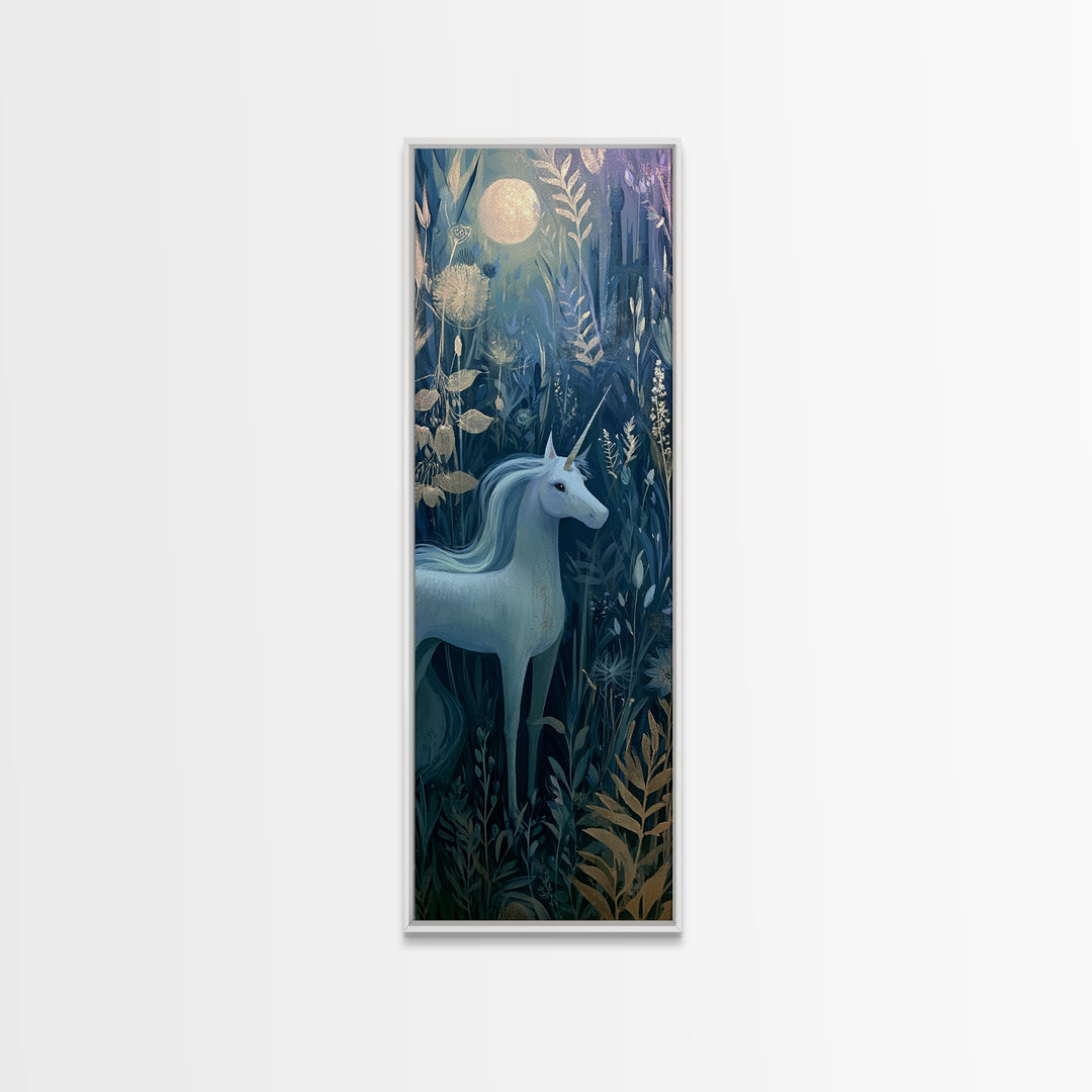 Unicorn in a Moonlit Meadow Canvas Print, Fairy Tale Art, Mixed Media Art, Living Room Decor, Oil Painting, Storybook, FTA-1x3-22
