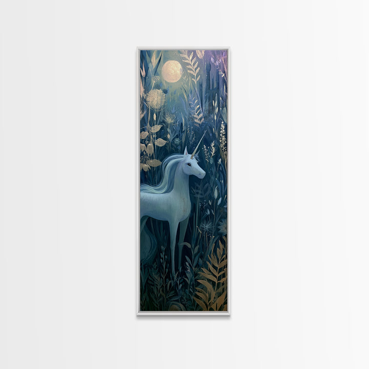 Unicorn in a Moonlit Meadow Canvas Print, Fairy Tale Art, Mixed Media Art, Living Room Decor, Oil Painting, Storybook, FTA-1x3-22
