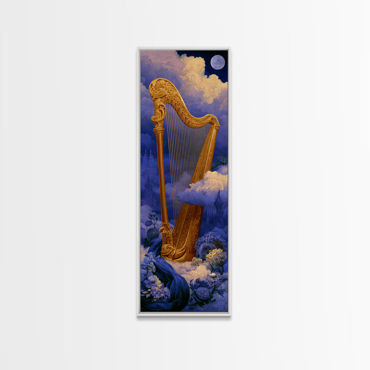 Golden Harp in a Cloud Kingdom Framed Canvas Print, Fairy Tale Art, Art Nouveau Print, Living Room Decor, Watercolor Art, FTA-1x3-34