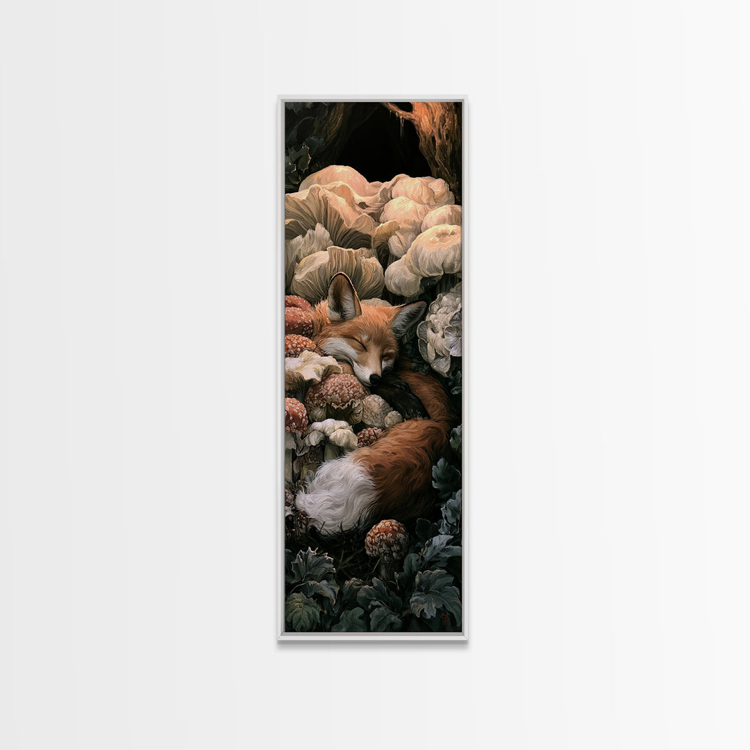 Sleeping Fox Beside a Magical Mushroom Ring Canvas Print, Fairy Tale Art, Nursery Art, Living Room Decor, Fine Art, Storybook, FTA-1x3-39