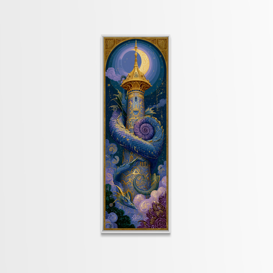 Dragon Curled Around a Jeweled Tower Canvas Print, Fairy Tale Art, Whimsical Wall Art, Living Room Decor, Fine Art, Storybook, FTA-1x3-41