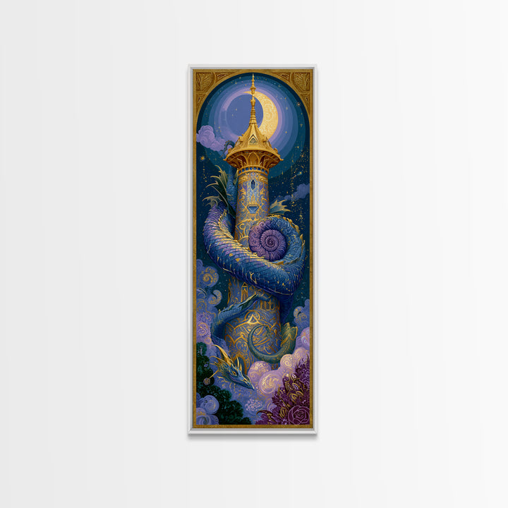 Dragon Curled Around a Jeweled Tower Canvas Print, Fairy Tale Art, Whimsical Wall Art, Living Room Decor, Fine Art, Storybook, FTA-1x3-41