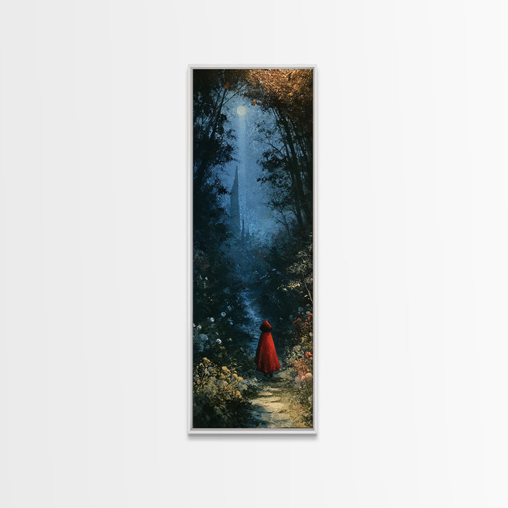 Red Cloak Figure Walking Through Dark Woods Canvas Print, Fairy Tale Art, Original Art, Living Room Decor, Fine Art, Storybook, FTA-1x3-44