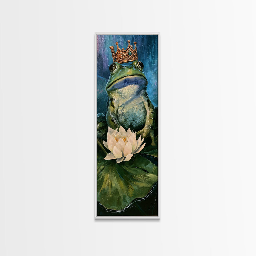 Frog Prince on a Lily Pad Framed Canvas Print, Fairy Tale Art, Whimsical Art, Living Room Decor, Fine Art, Storybook, FTA-1x3-47