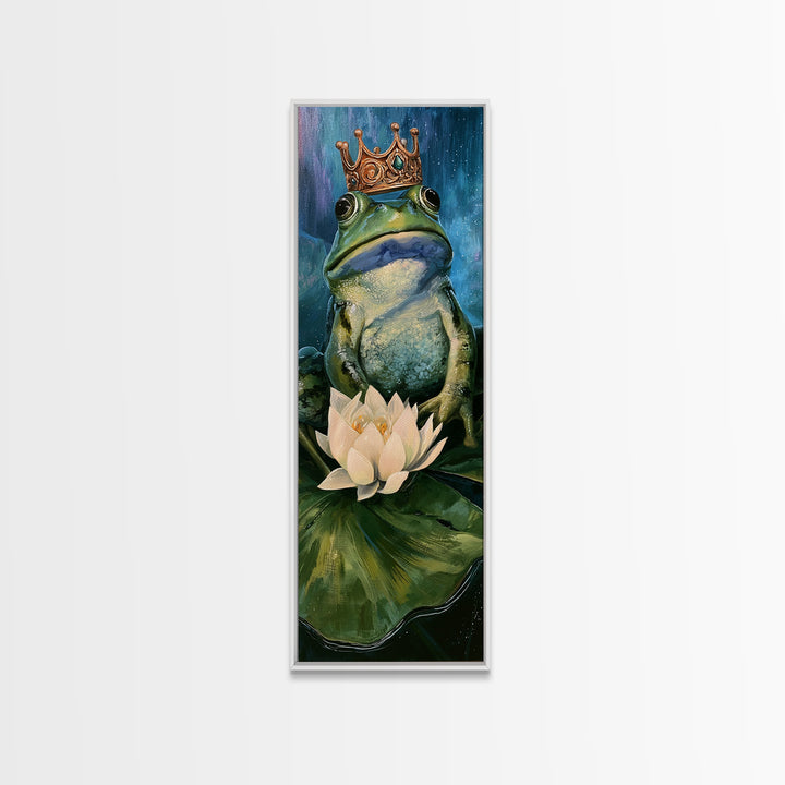 Frog Prince on a Lily Pad Framed Canvas Print, Fairy Tale Art, Whimsical Art, Living Room Decor, Fine Art, Storybook, FTA-1x3-47