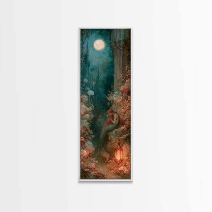 Mermaid Combing Hair Beneath a Pearl Moon Canvas Print, Fairy Tale Art, Nursery Wall Art, Living Room Decor, Watercolor Art, FTA-1x3-48