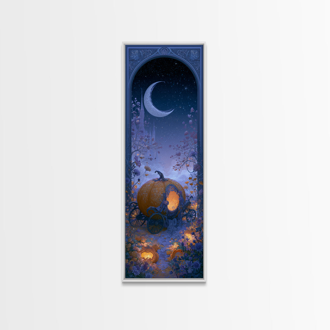 Pumpkin Carriage under Midnight Sky Framed Canvas Print, Fairy Tale Art, Art Nouveau, Living Room Decor, Fine Art, Storybook, FTA-1x3-52