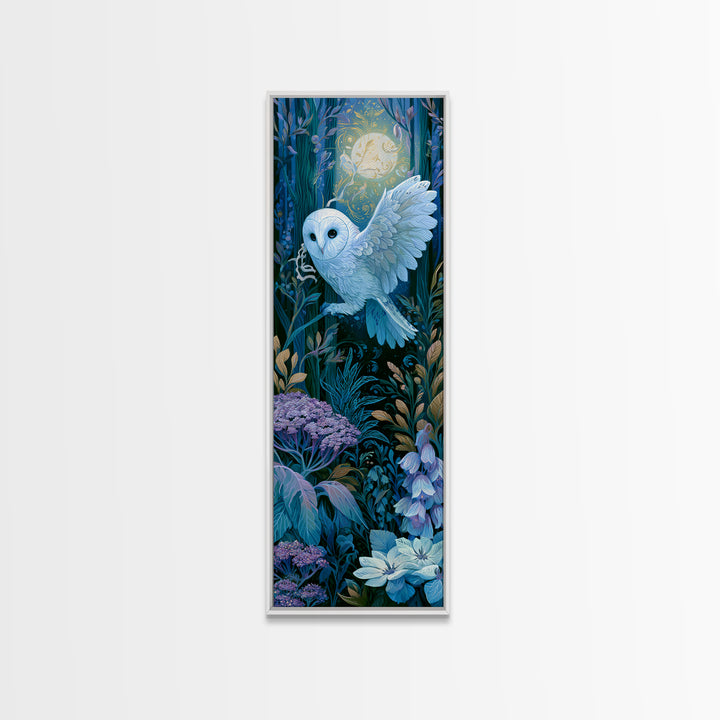 Owl Messenger Carrying a Tiny Ribbon Framed Canvas Print, Fairy Tale Art, Textured Painting, Living Room Decor, Storybook, FTA-1x3-53