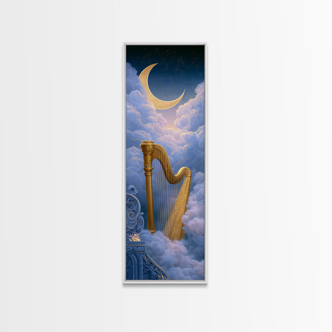 Golden Harp in a Cloud Kingdom Framed Canvas Print, Fairy Tale Art, Art Nouveau Print, Living Room Decor, Watercolor Art, FTA-1x3-58