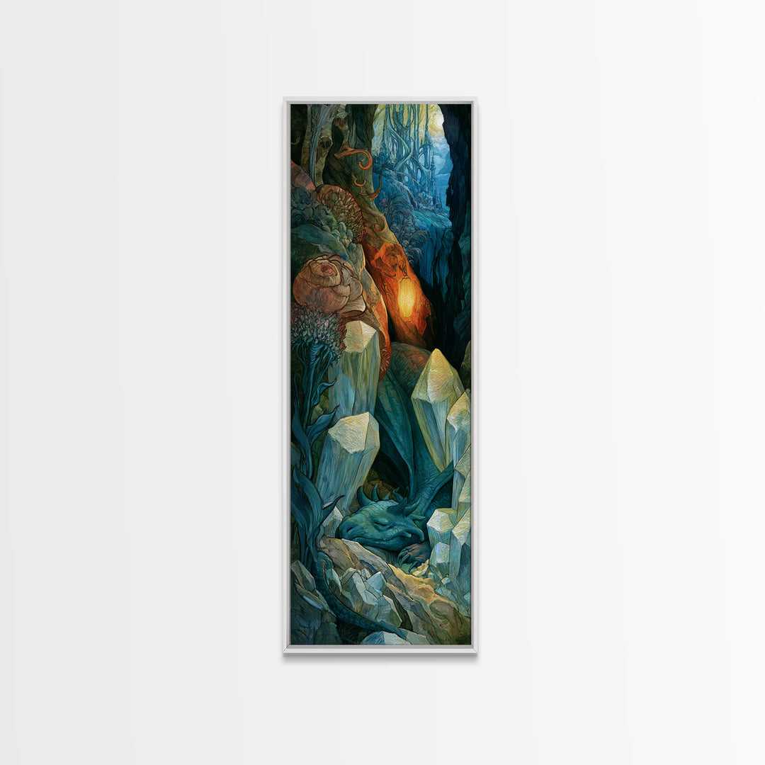 Sleeping Dragon in a Cave of Crystals Canvas Print, Fairy Tale Art, Abstract Art, Living Room Decor, Storybook, Kids Room Art, FTA-1x3-60