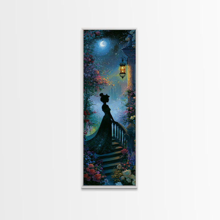 Princess Silhouette with Moonlit Garden Flowers Framed Canvas Print, Fairy Tale Art, Watercolor Art, Living Room Decor, FTA-1x3-64