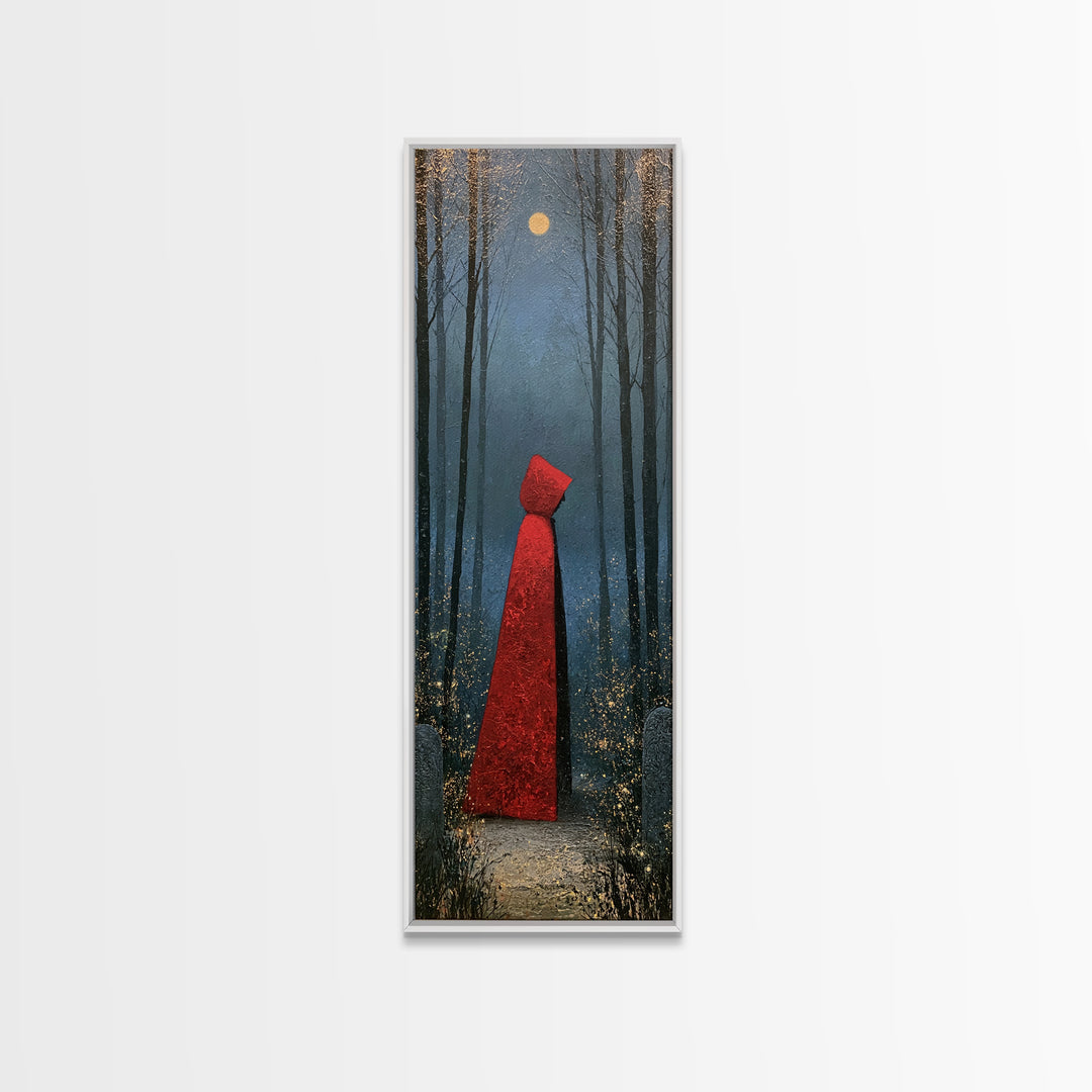 Red Cloak Figure Walking Through Dark Woods Canvas Print, Fairy Tale Art, Whimsical Art, Living Room Decor, Oil Painting, FTA-1x3-68