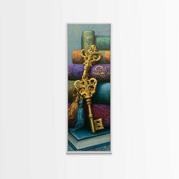 Golden Key and Enchanted Book Still Life Framed Canvas Print, Fairy Tale Art, Wall Art, Living Room Decor, Oil Painting, FTA-1x3-69