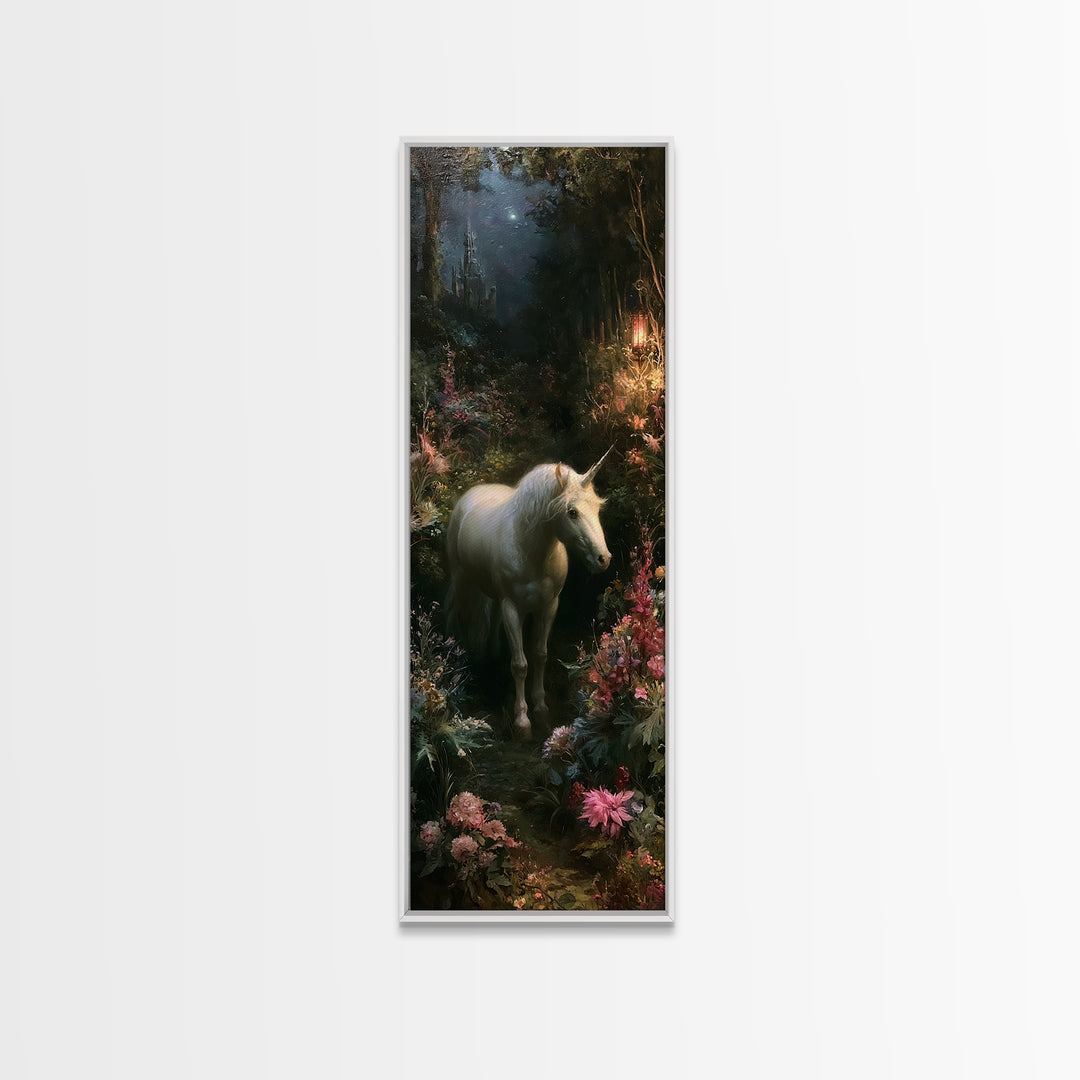 Unicorn in a Moonlit Meadow Framed Canvas Print, Fairy Tale Art, Modern Decor, Living Room Decor, Fine Art, Storybook, FTA-1x3-70