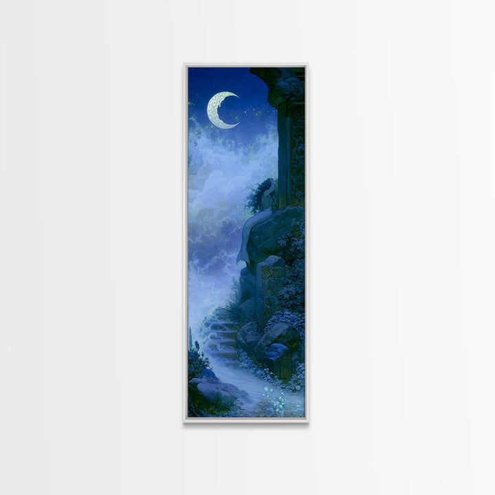 Mermaid Combing Hair Beneath a Pearl Moon Canvas Print, Fairy Tale Art, Folk Art, Living Room Decor, Fine Art, Storybook, FTA-1x3-72