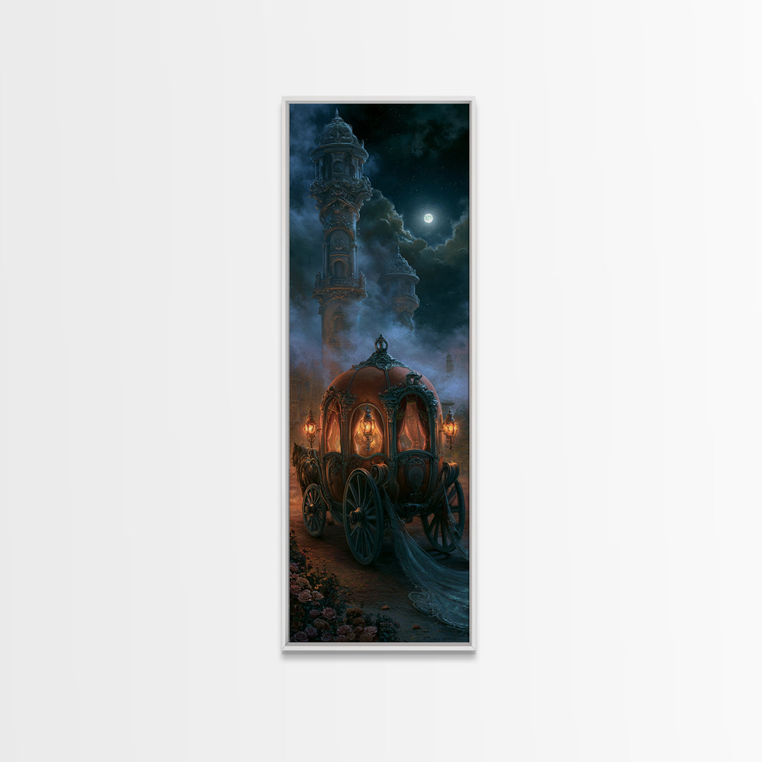Pumpkin Carriage under Midnight Sky Framed Canvas Print, Fairy Tale Art, Princess Wall Art, Living Room Decor, Oil Painting, FTA-1x3-76
