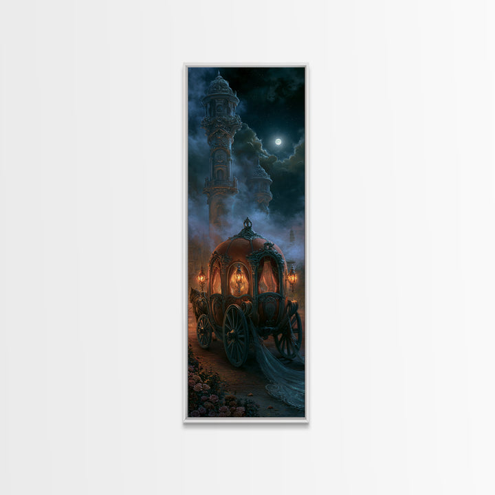 Pumpkin Carriage under Midnight Sky Framed Canvas Print, Fairy Tale Art, Princess Wall Art, Living Room Decor, Oil Painting, FTA-1x3-76
