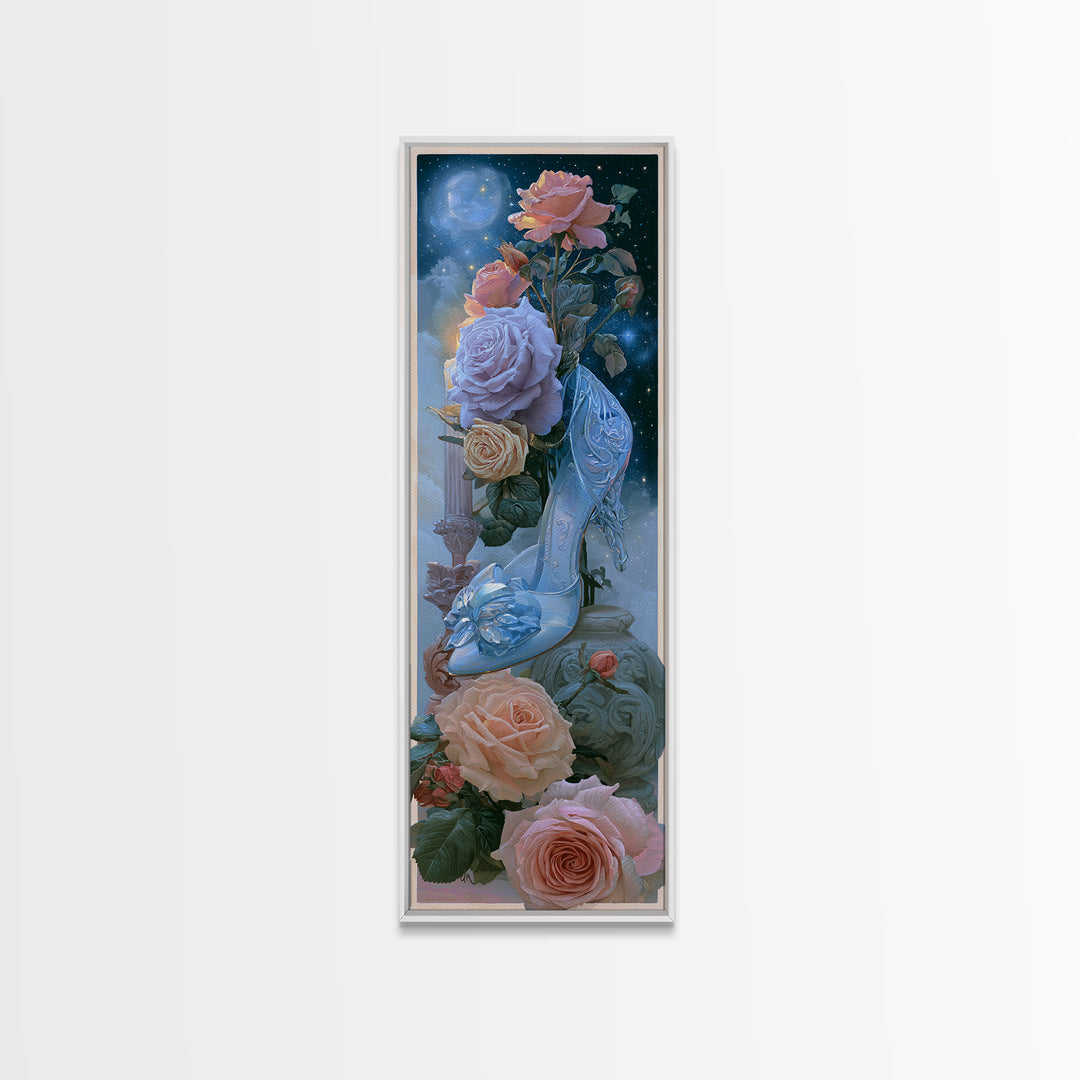 Glass Slipper Still Life Canvas Print, Fairy Tale Art, Wall Art, Living Room Decor, Oil Painting, Storybook, Printable Art, FTA-1x3-90