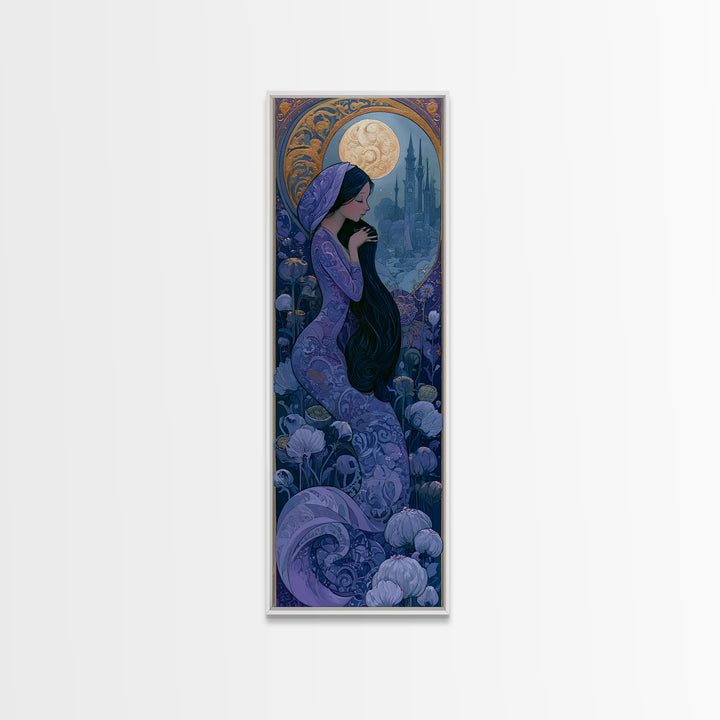 Mermaid Combing Hair Beneath a Pearl Moon Canvas Print, Fairy Tale Art, Kids Room Decor, Living Room Decor, Storybook, FTA-1x3-96
