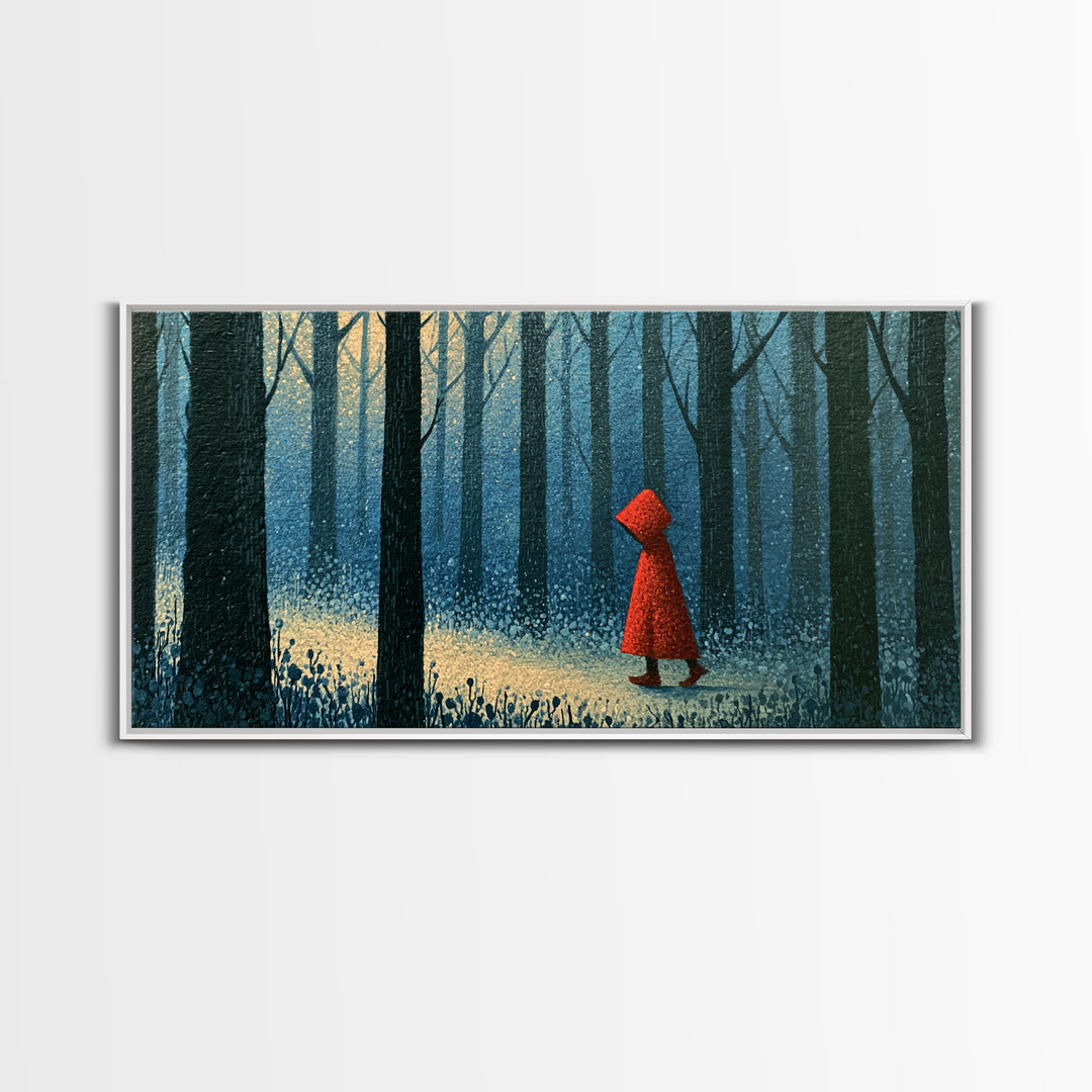 Red Cloak Figure Walking Through Dark Woods Framed Canvas Print, Fairy Tale Art, Dark Art, Living Room Decor, Storybook, FTA-2x1-100