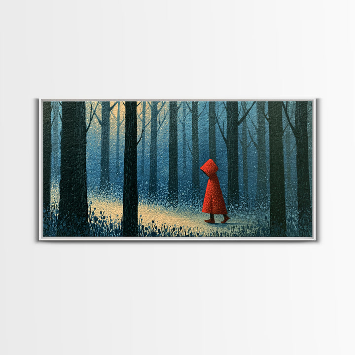Red Cloak Figure Walking Through Dark Woods Framed Canvas Print, Fairy Tale Art, Dark Art, Living Room Decor, Storybook, FTA-2x1-100
