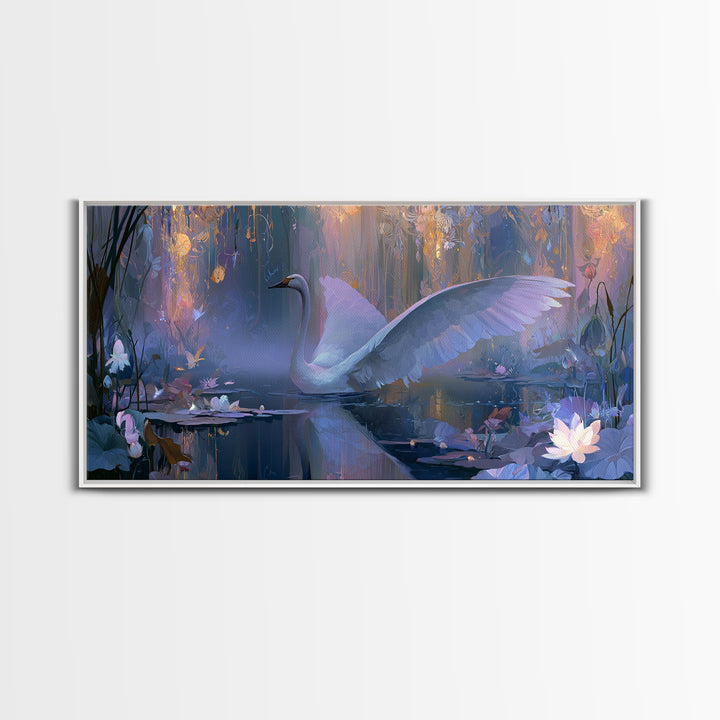 White Swan Transformation Scene Framed Canvas Print, Fairy Tale Art, Folk Art, Living Room Decor, Fine Art, Storybook, FTA-2x1-11