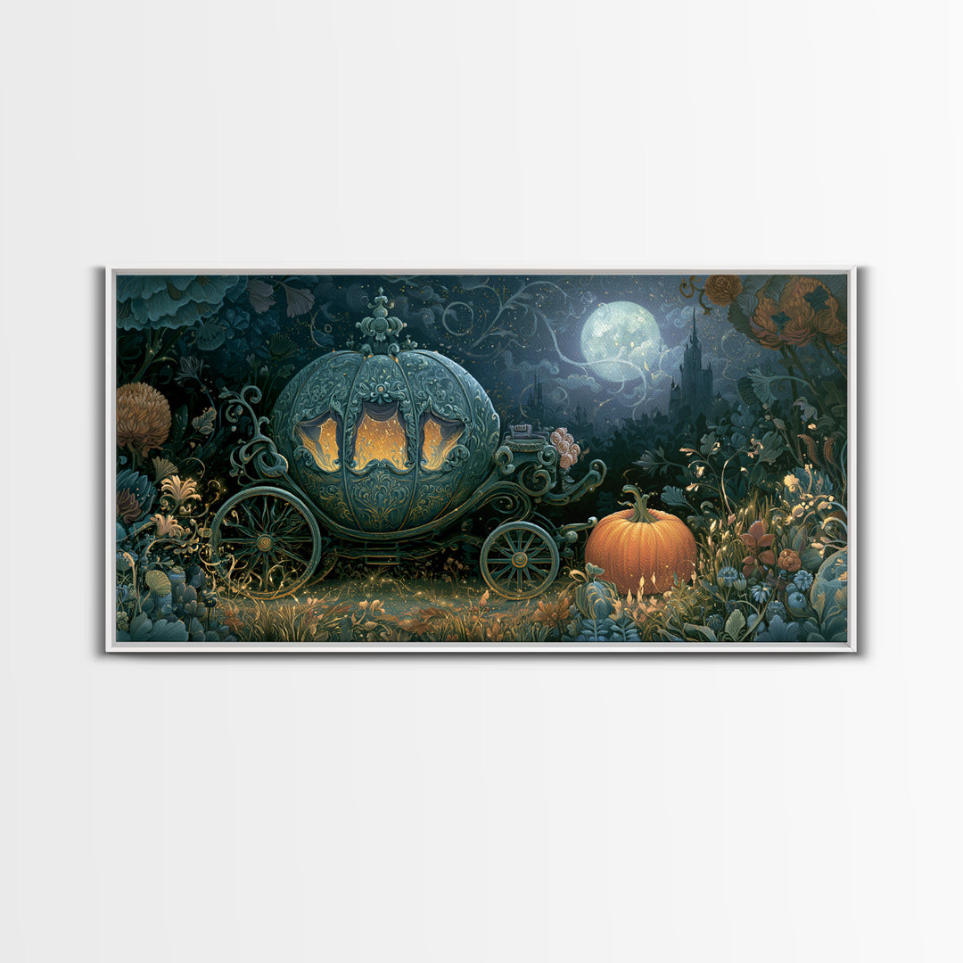 Pumpkin Carriage under Midnight Sky Framed Canvas Print, Fairy Tale Art, Room Decor, Living Room Decor, Fine Art, Storybook, FTA-2x1-12