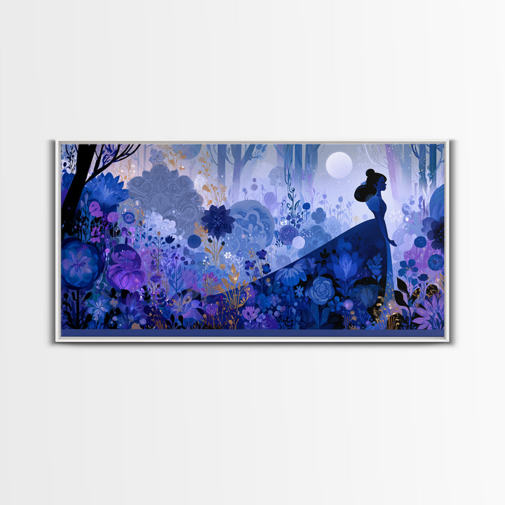 Princess Silhouette with Moonlit Garden Flowers Canvas Print, Fairy Tale Art, Minimalist Decor, Living Room Decor, Storybook, FTA-2x1-24