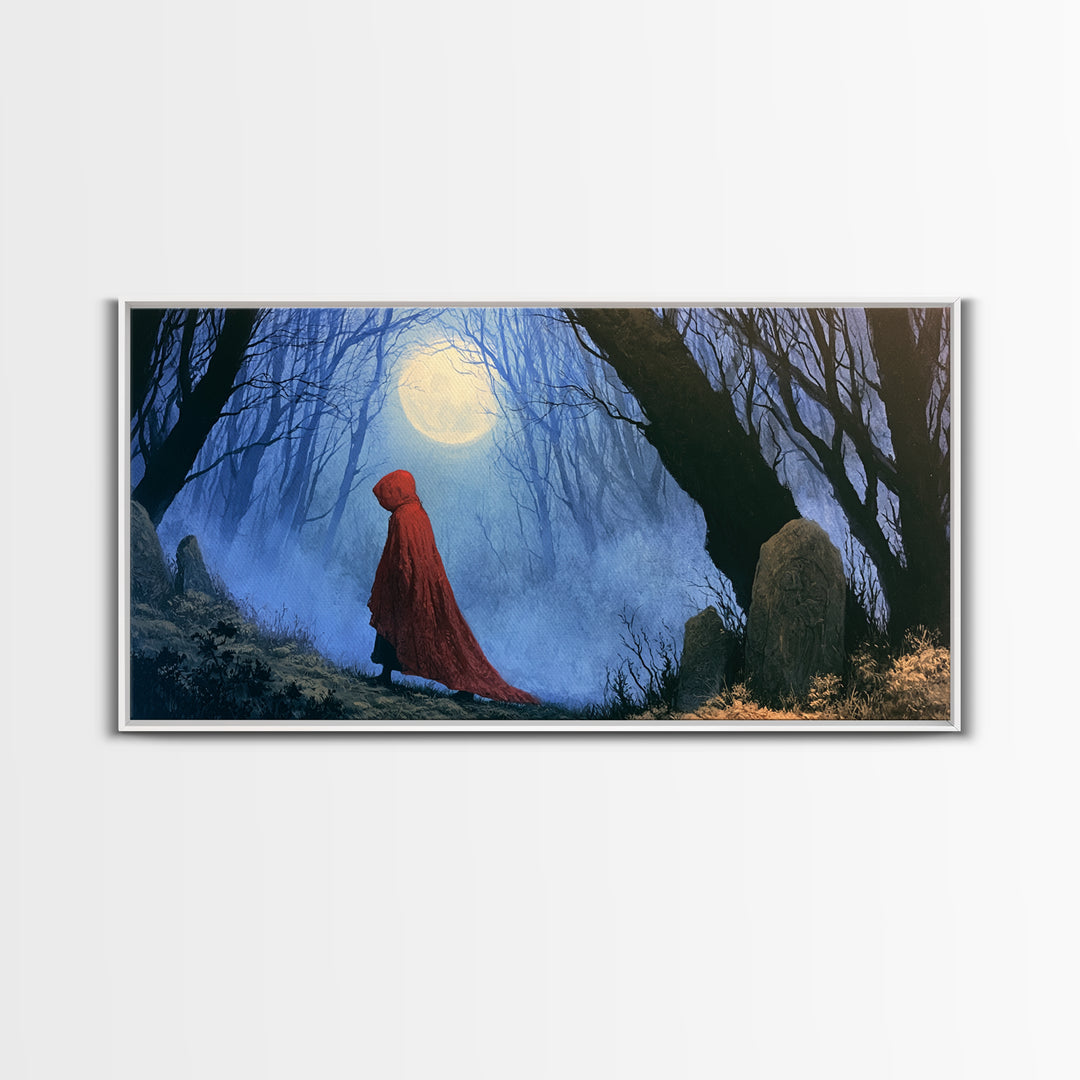 Red Cloak Figure Walking Through Dark Woods Canvas Print, Fairy Tale Art, Contemporary Art, Living Room Decor, Storybook, FTA-2x1-28