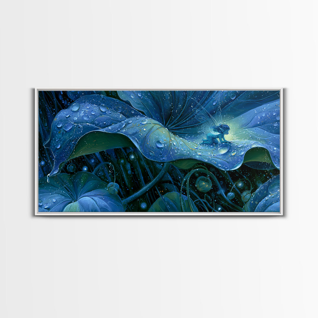 Tiny Fairy Resting on a Dew Covered Framed Canvas Print, Fairy Tale Art, Printable Art, Living Room Decor, Oil Painting, FTA-2x1-3