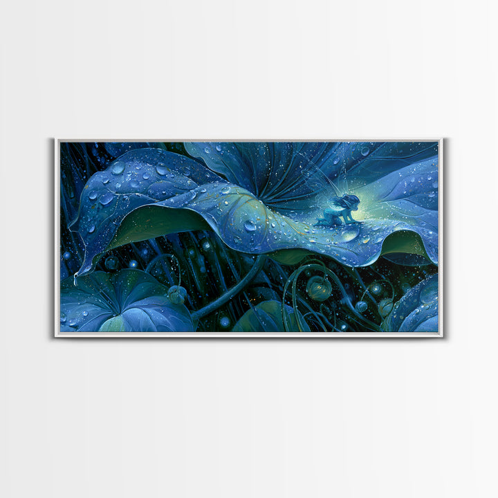 Tiny Fairy Resting on a Dew Covered Framed Canvas Print, Fairy Tale Art, Printable Art, Living Room Decor, Oil Painting, FTA-2x1-3