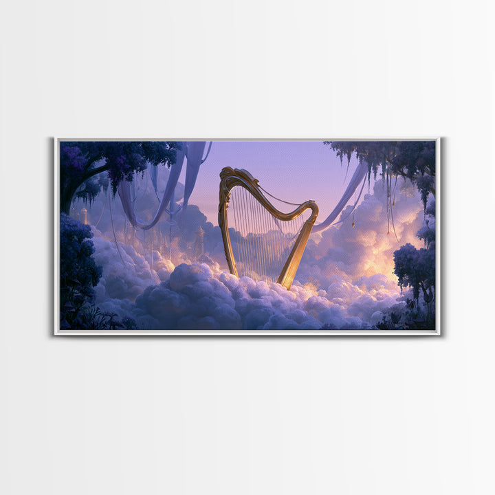 Golden Harp in a Cloud Kingdom Framed Canvas Print, Fairy Tale Art, Room Decor, Living Room Decor, Fine Art, Storybook, FTA-2x1-42
