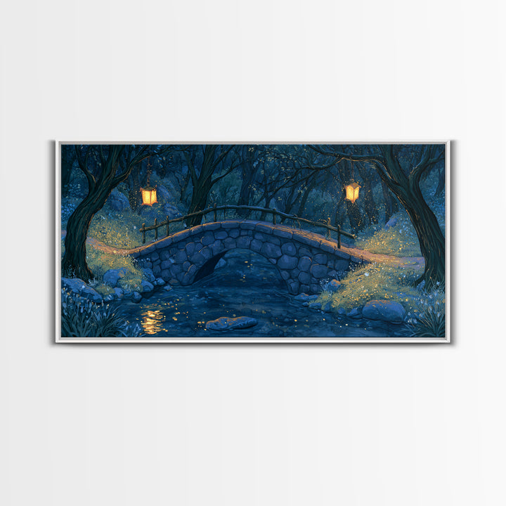 Lantern Lit Bridge Framed Canvas Print, Fairy Tale Art, Original Art, Living Room Decor, Fine Art, Storybook, Folk Art, FTA-2x1-43