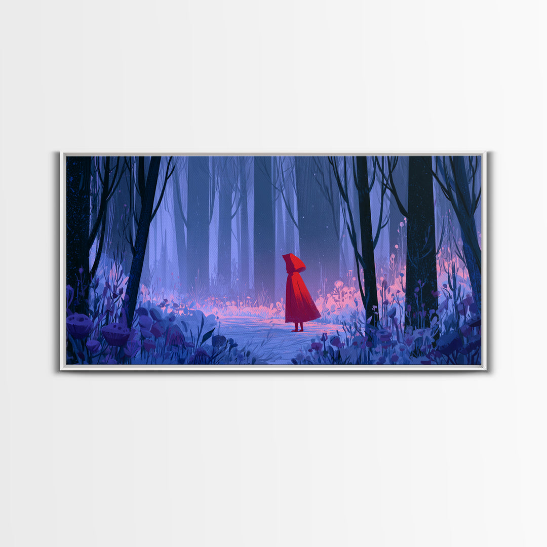 Red Cloak Figure Walking Through Dark Woods Canvas Print, Fairy Tale Art, Art Print, Living Room Decor, Oil Painting, Storybook, FTA-2x1-52
