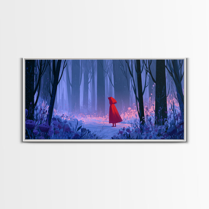 Red Cloak Figure Walking Through Dark Woods Canvas Print, Fairy Tale Art, Art Print, Living Room Decor, Oil Painting, Storybook, FTA-2x1-52