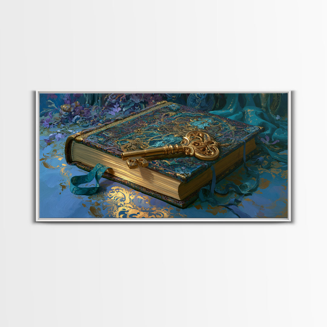Golden Key and Enchanted Book Still Life Canvas Print, Fairy Tale Art, Boho Wall Art, Living Room Decor, Oil Painting, FTA-2x1-53