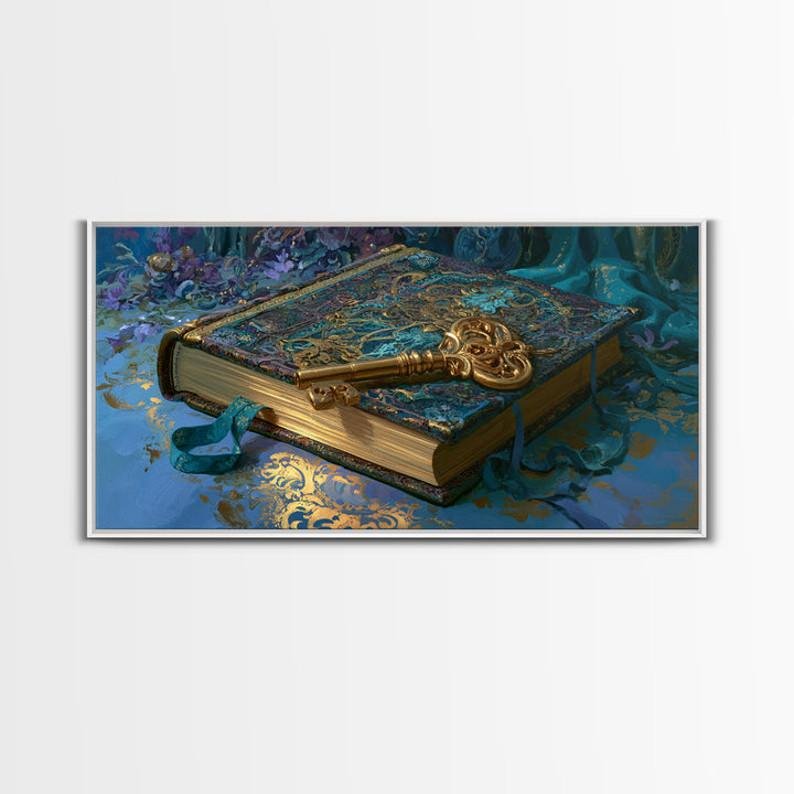 Golden Key and Enchanted Book Still Life Canvas Print, Fairy Tale Art, Boho Wall Art, Living Room Decor, Oil Painting, FTA-2x1-53