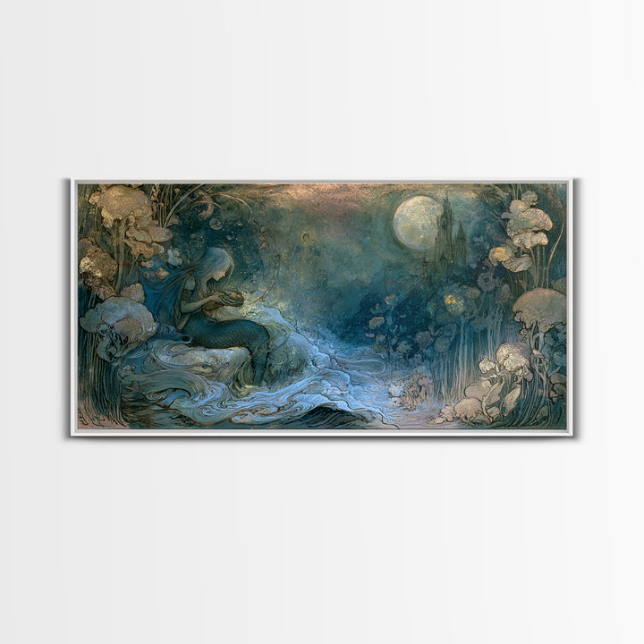 Mermaid Combing Hair Beneath a Pearl Moon Canvas Print, Fairy Tale Art, Printable Wall Art, Living Room Decor, Storybook, FTA-2x1-56