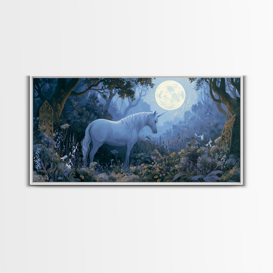 Unicorn in a Moonlit Meadow Framed Canvas Print, Fairy Tale Art, Minimalist Decor, Living Room Decor, Oil Painting, Storybook, FTA-2x1-6