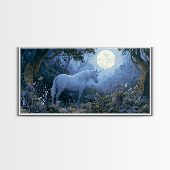 Unicorn in a Moonlit Meadow Framed Canvas Print, Fairy Tale Art, Minimalist Decor, Living Room Decor, Oil Painting, Storybook, FTA-2x1-6