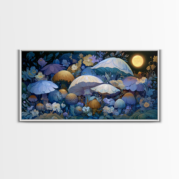 Fairy Ring of Mushrooms and Wildflowers Framed Canvas Print, Fairy Tale Art, Abstract Art, Living Room Decor, Storybook, FTA-2x1-65