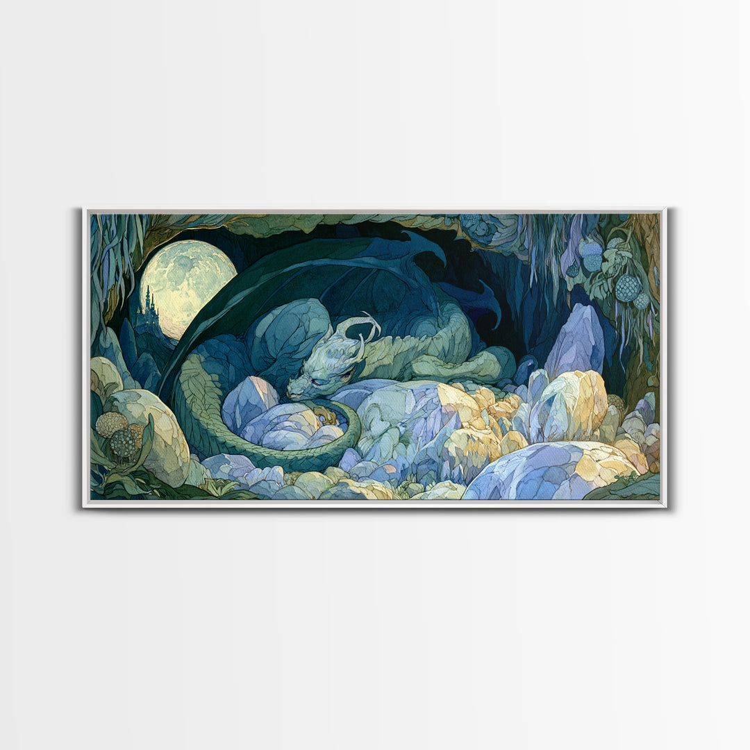 Sleeping Dragon in a Cave of Crystals Canvas Print, Fairy Tale Art, Nursery Wall Art, Living Room Decor, Watercolor Art, FTA-2x1-68