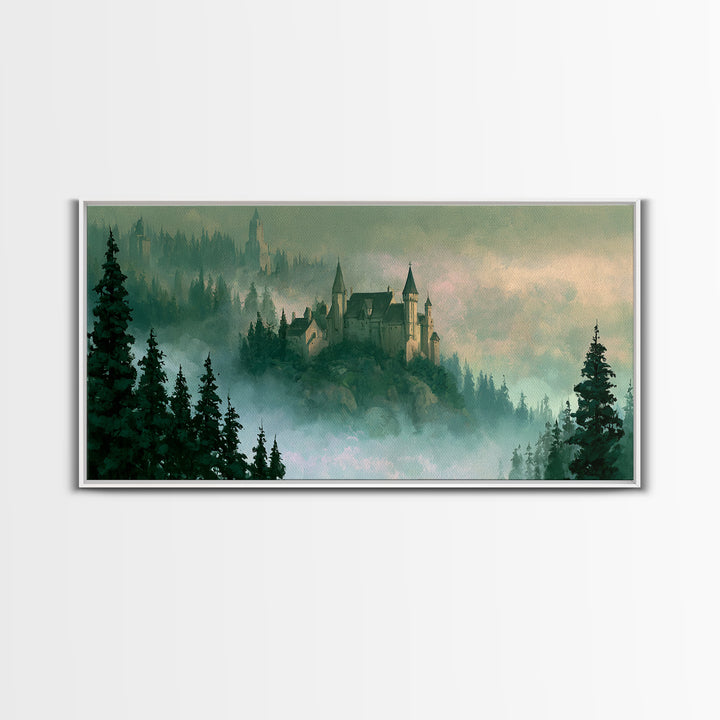 Storybook Castle on a Misty Hill Canvas Print, Fairy Tale Art, Original Art, Living Room Decor, Fine Art, Storybook, Folk Art, FTA-2x1-70