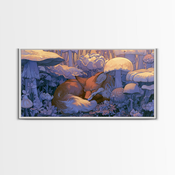 Sleeping Fox Beside a Magical Mushroom Ring Canvas Print, Fairy Tale Art, Kids Room Decor, Living Room Decor, Abstract Art, FTA-2x1-71