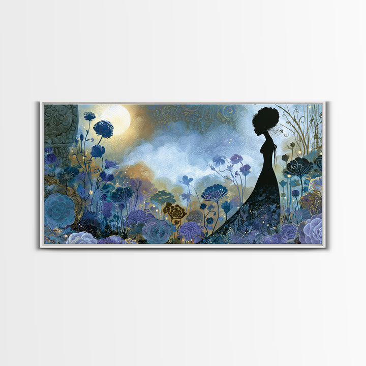 Princess Silhouette with Moonlit Garden Flowers Canvas Print, Fairy Tale Art, Art Nouveau, Living Room Decor, Storybook, FTA-2x1-72