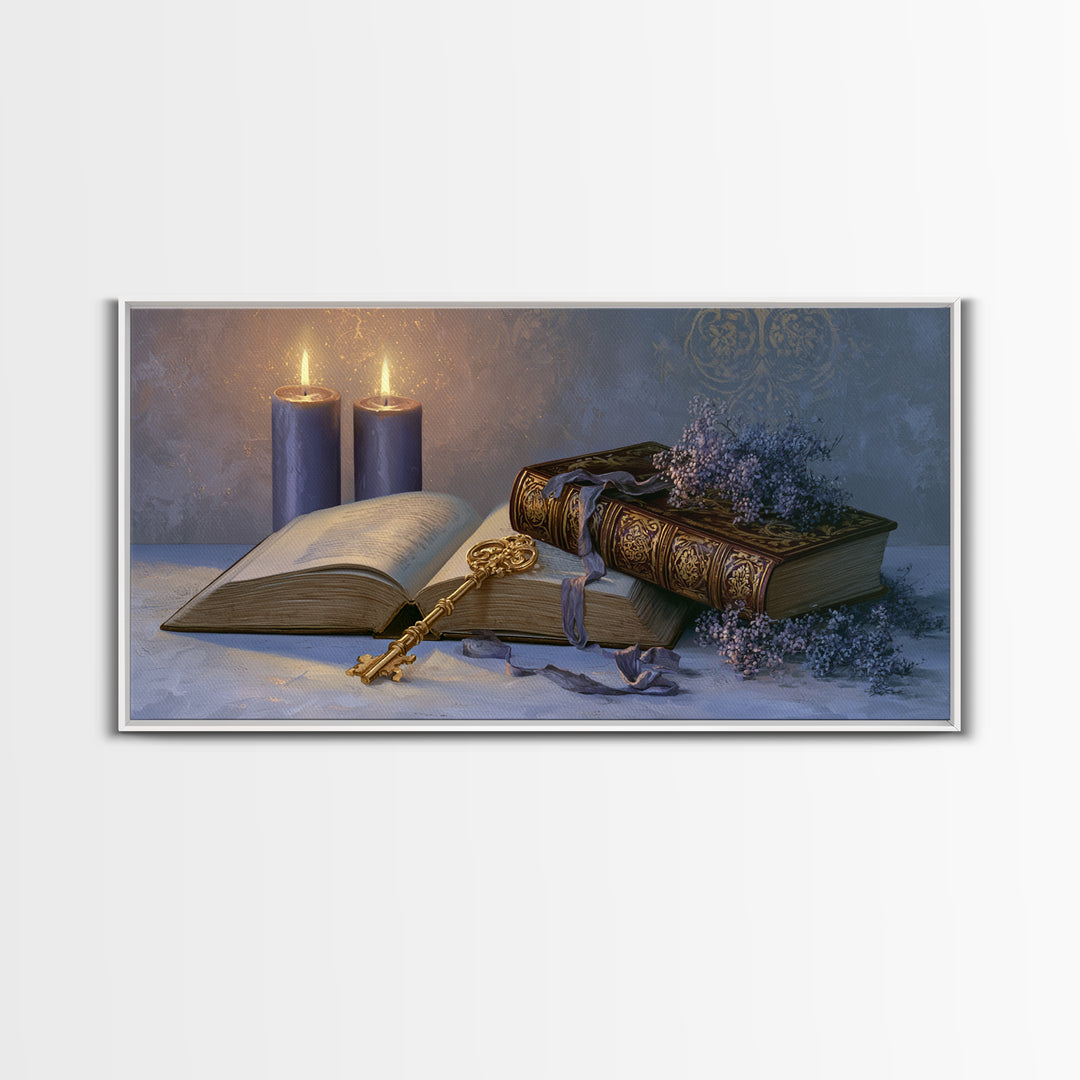 Golden Key and Enchanted Book Still Life Canvas Print, Fairy Tale Art, Boho Wall Art, Living Room Decor, Oil Painting, FTA-2x1-77