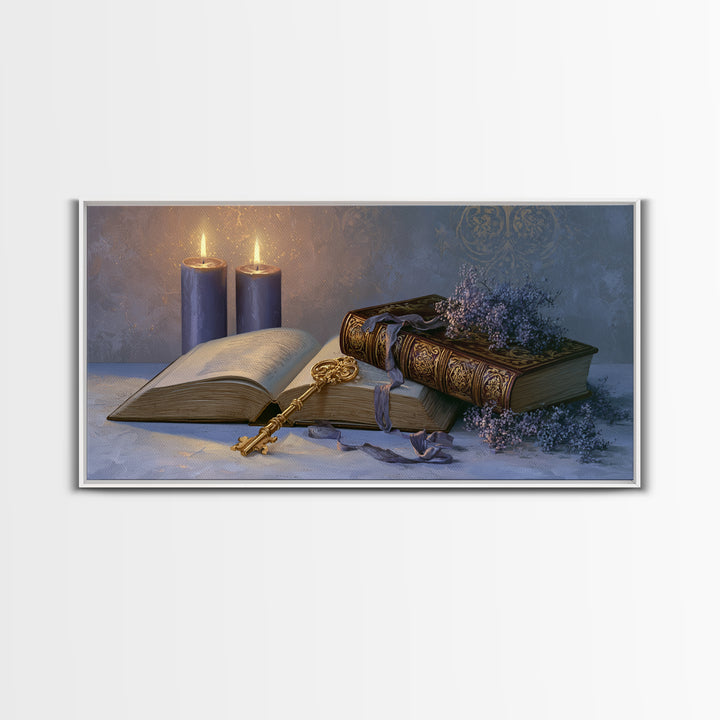 Golden Key and Enchanted Book Still Life Canvas Print, Fairy Tale Art, Boho Wall Art, Living Room Decor, Oil Painting, FTA-2x1-77