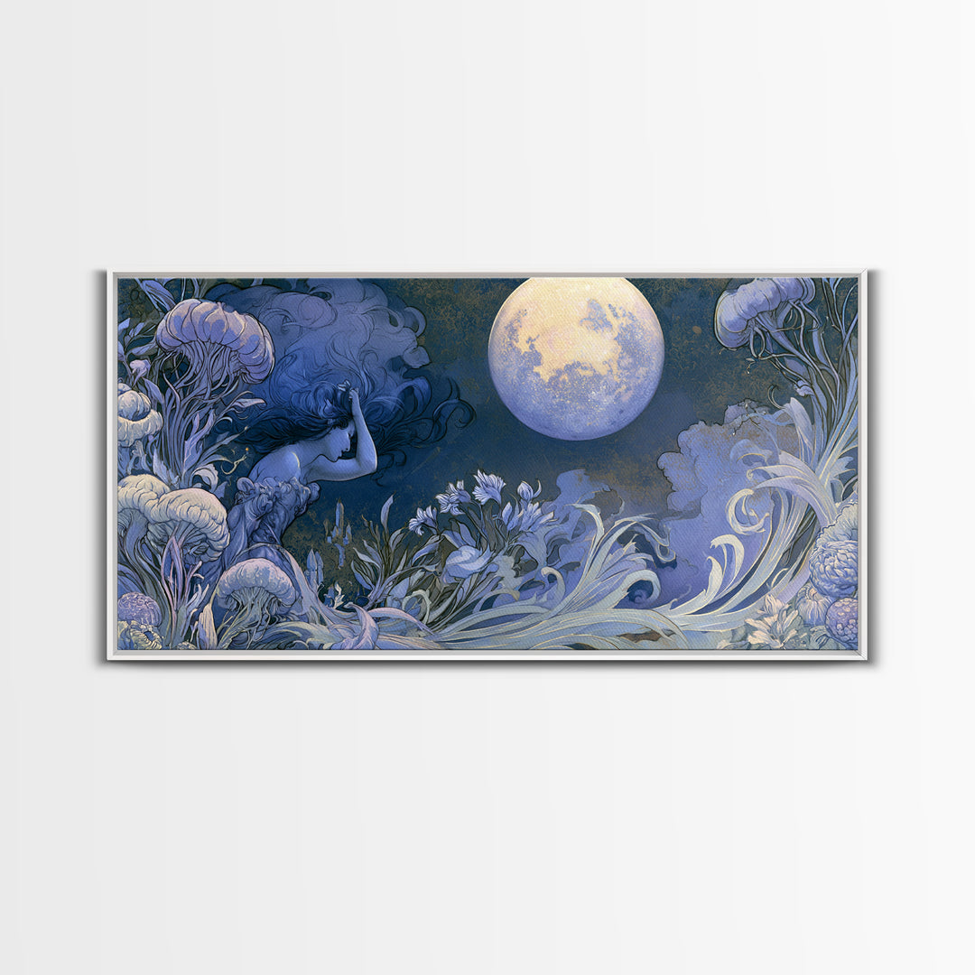 Mermaid Combing Hair Beneath a Pearl Moon Canvas Print, Fairy Tale Art, Luxury Decor, Living Room Decor, Storybook, FTA-2x1-8